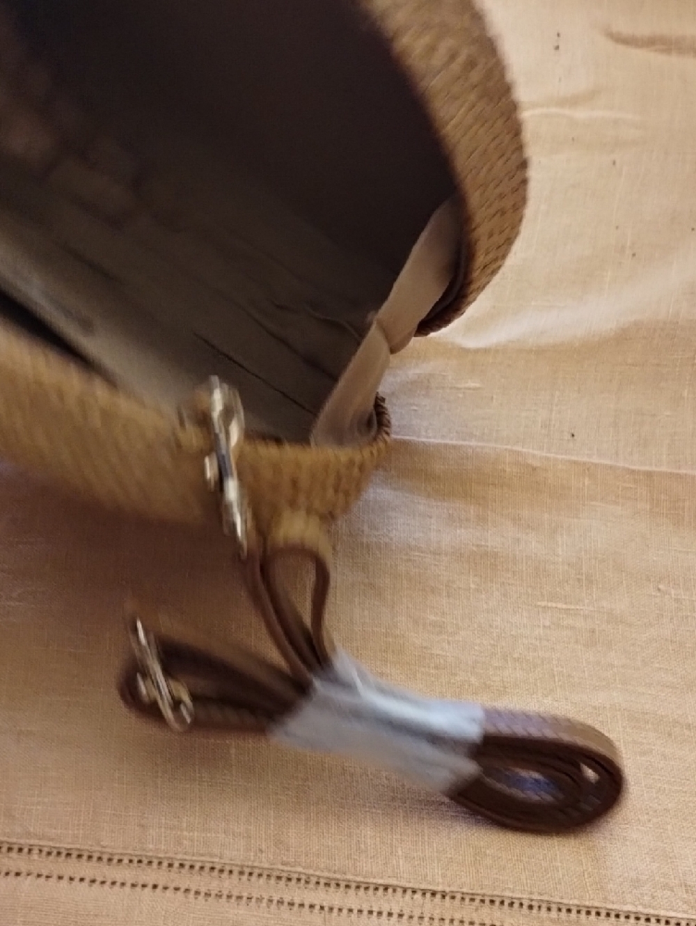 Woven Round Straw Handbag with Ring Handles - Natural - Picture 6 of 7